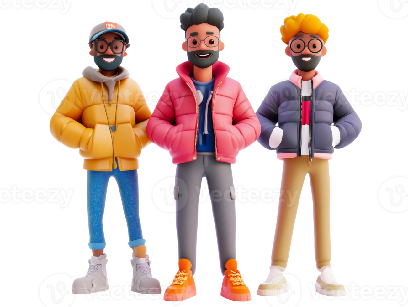 Three Smiling Men Wearing Puffer Jackets Stand Together png