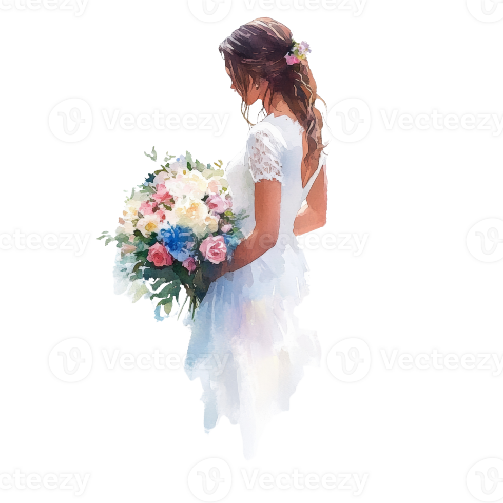 Watercolor Painting Of A Bride Holding A Floral Bouquet png
