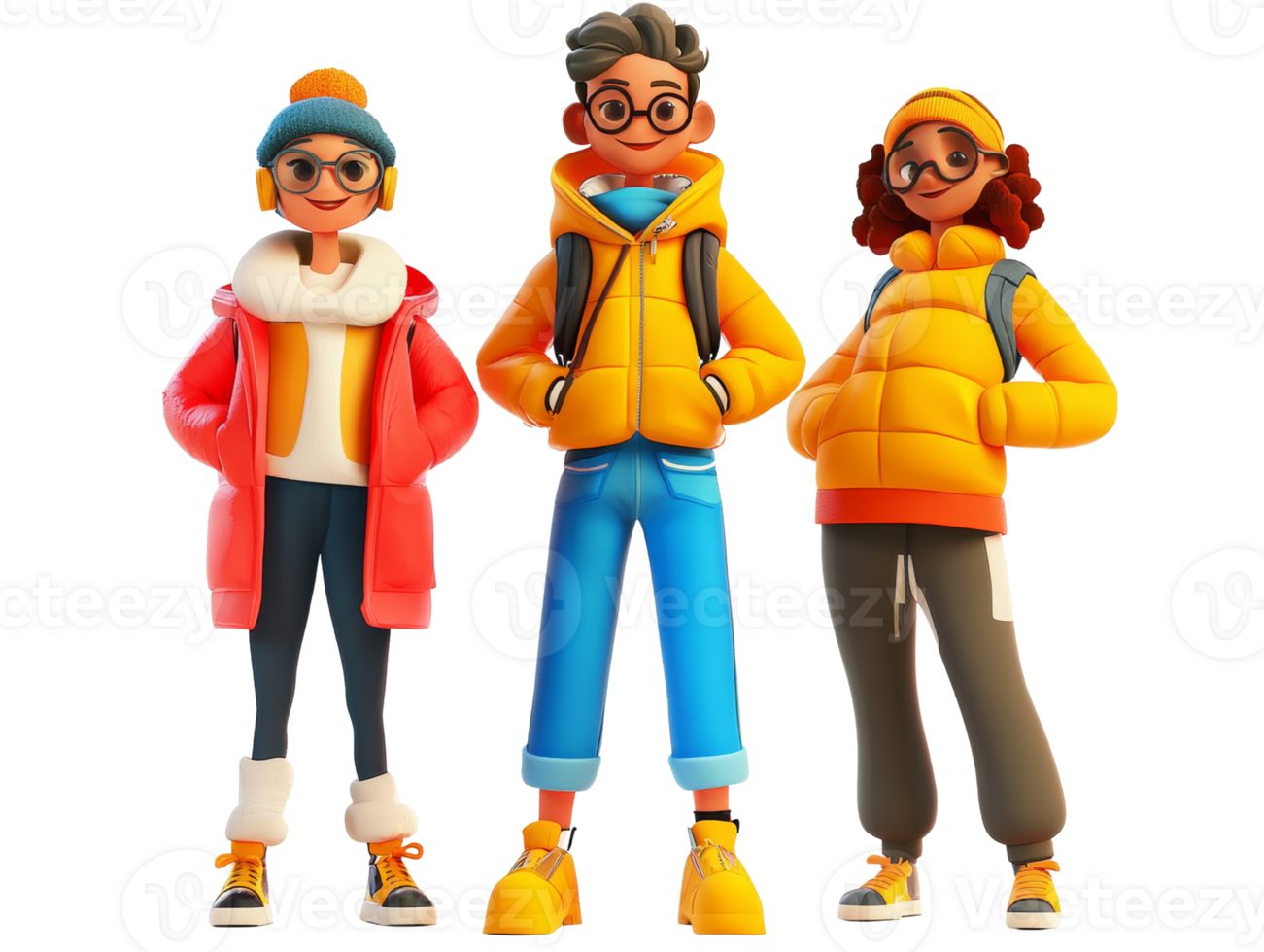 Three friends wearing winter jackets stand together png