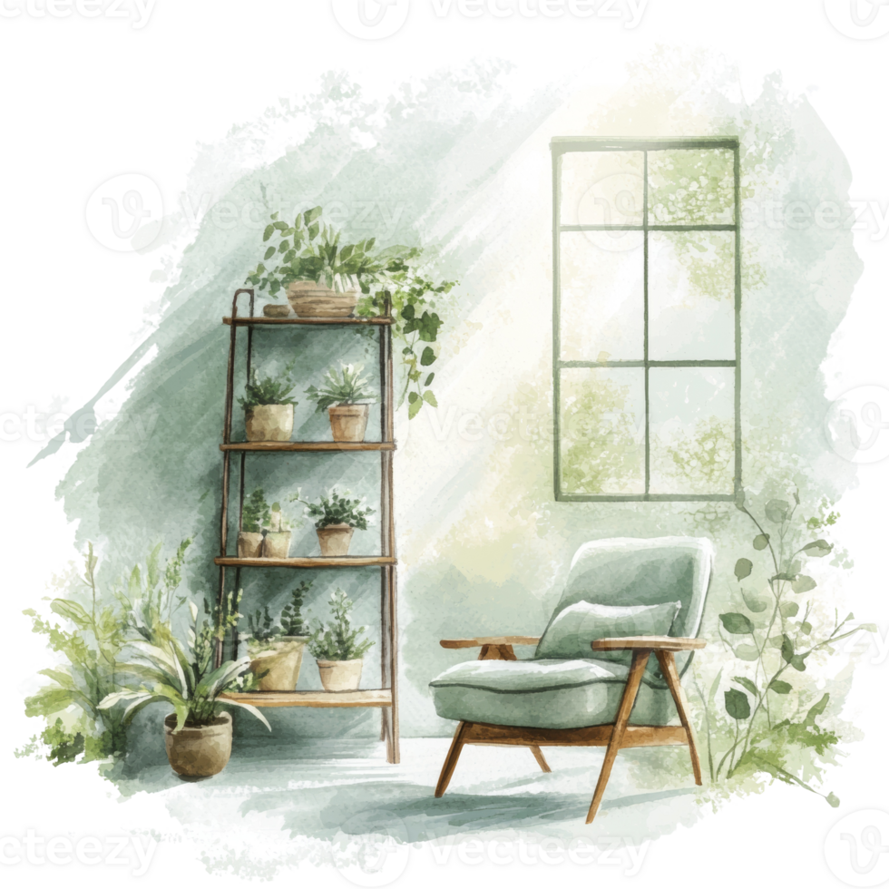 Serene Watercolor Room Decor Featuring Plants and Chair png