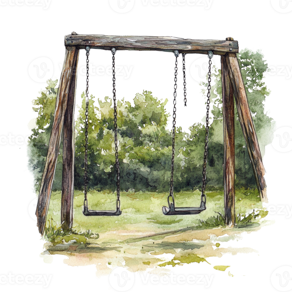 Empty Wooden Swing Set in a Green Landscape png