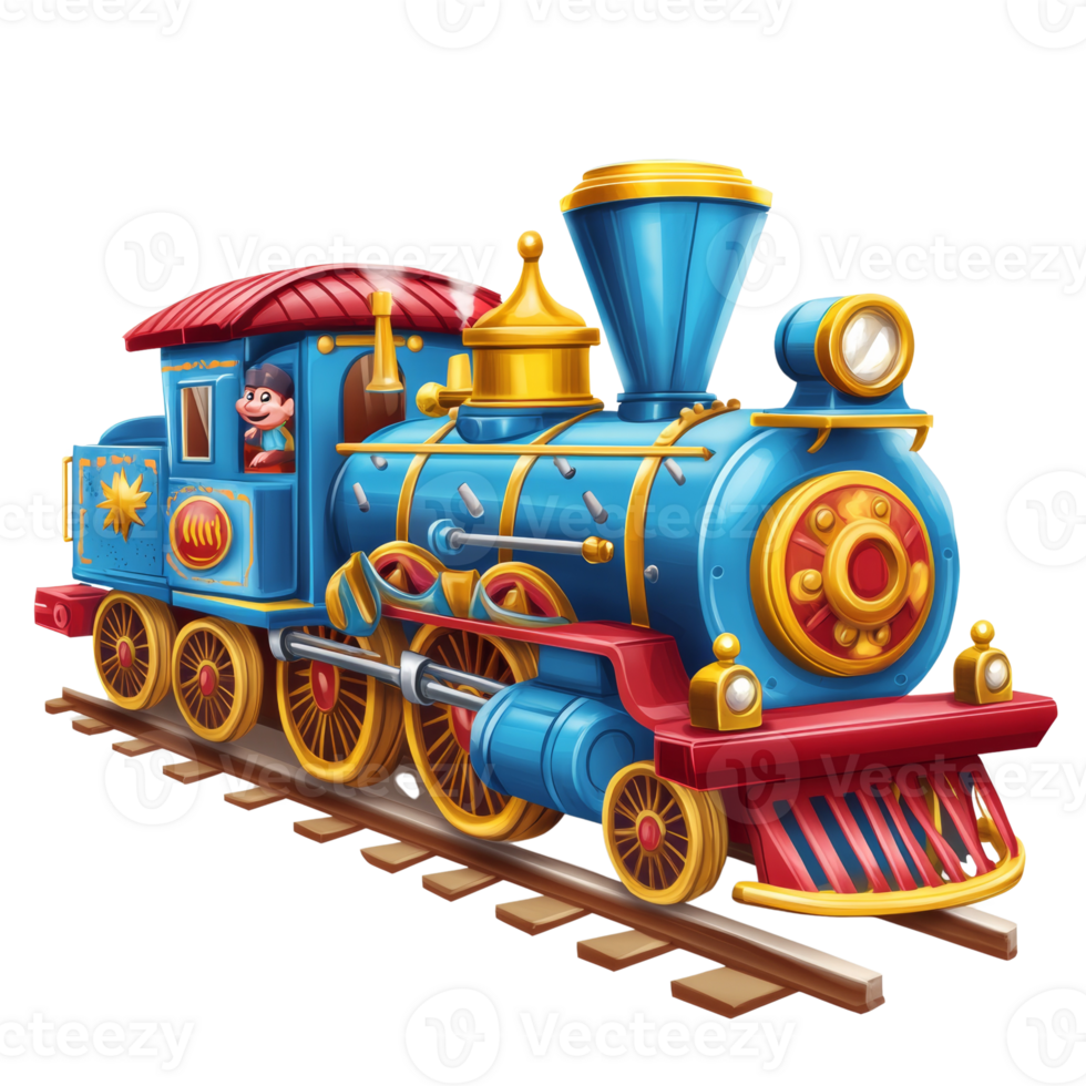 A whimsical blue toy train with a smiling conductor png