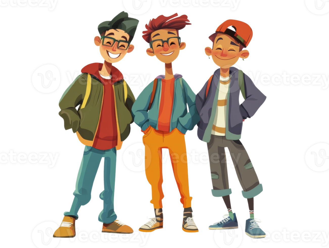 Three happy boys stand together smiling and wearing casual clothes png