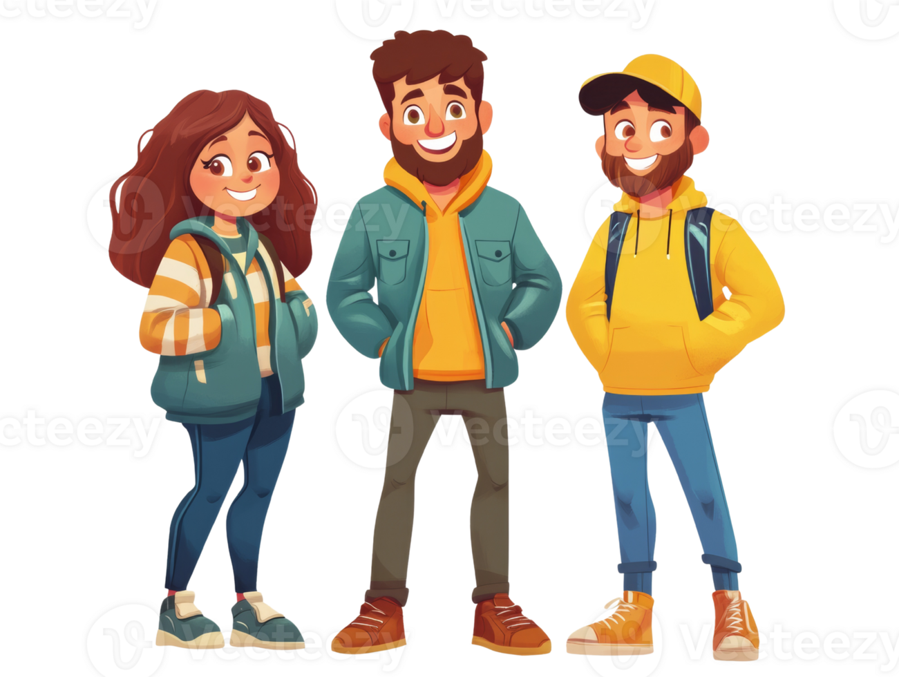 Three smiling cartoon friends stand together wearing casual clothes png