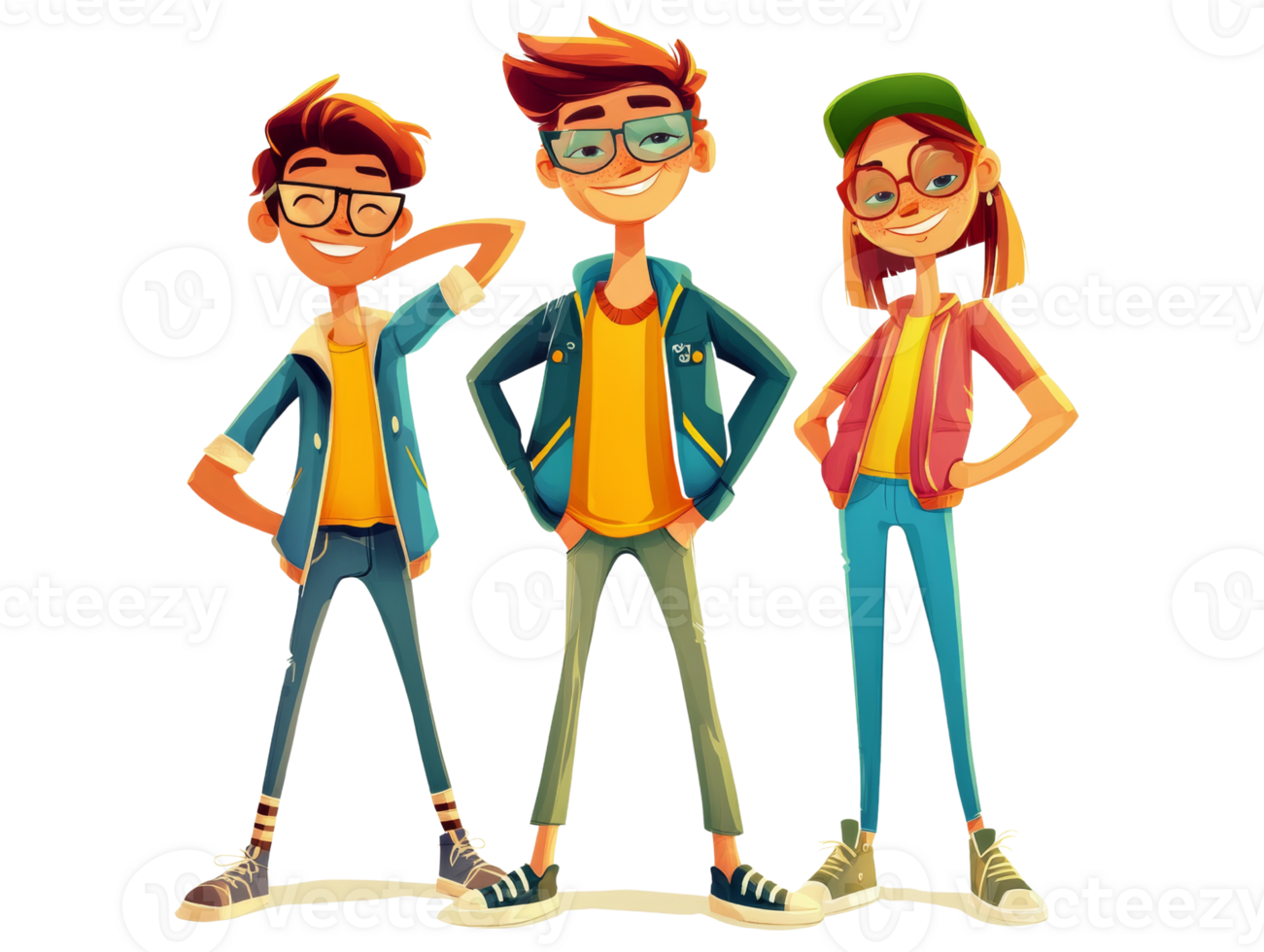 Three stylish cartoon teenagers stand together smiling png