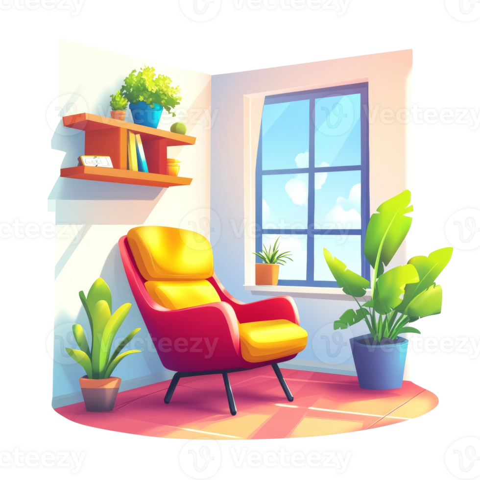 A Colorful Room Featuring A Comfortable Chair And Plants png