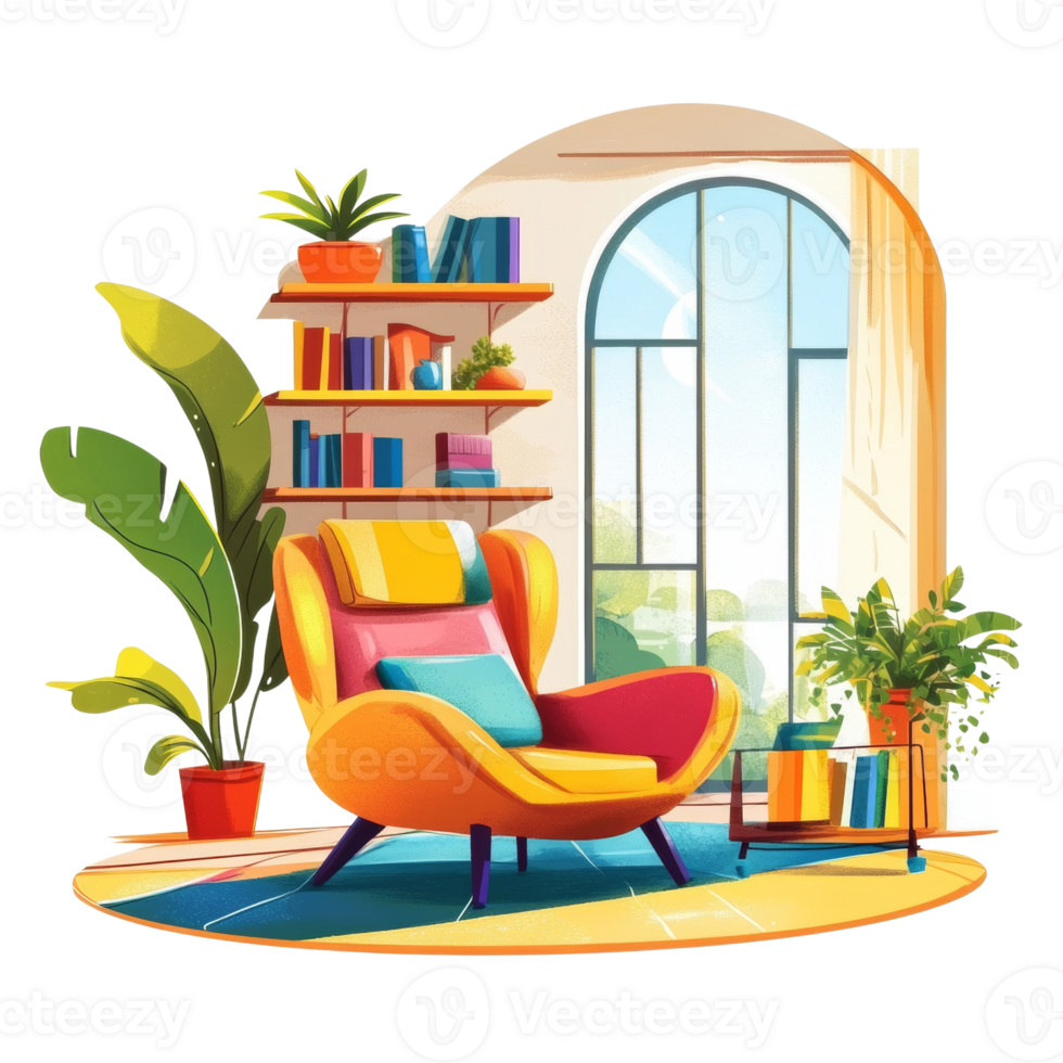 Colorful Living Room Chair Bookshelves Plants Window png