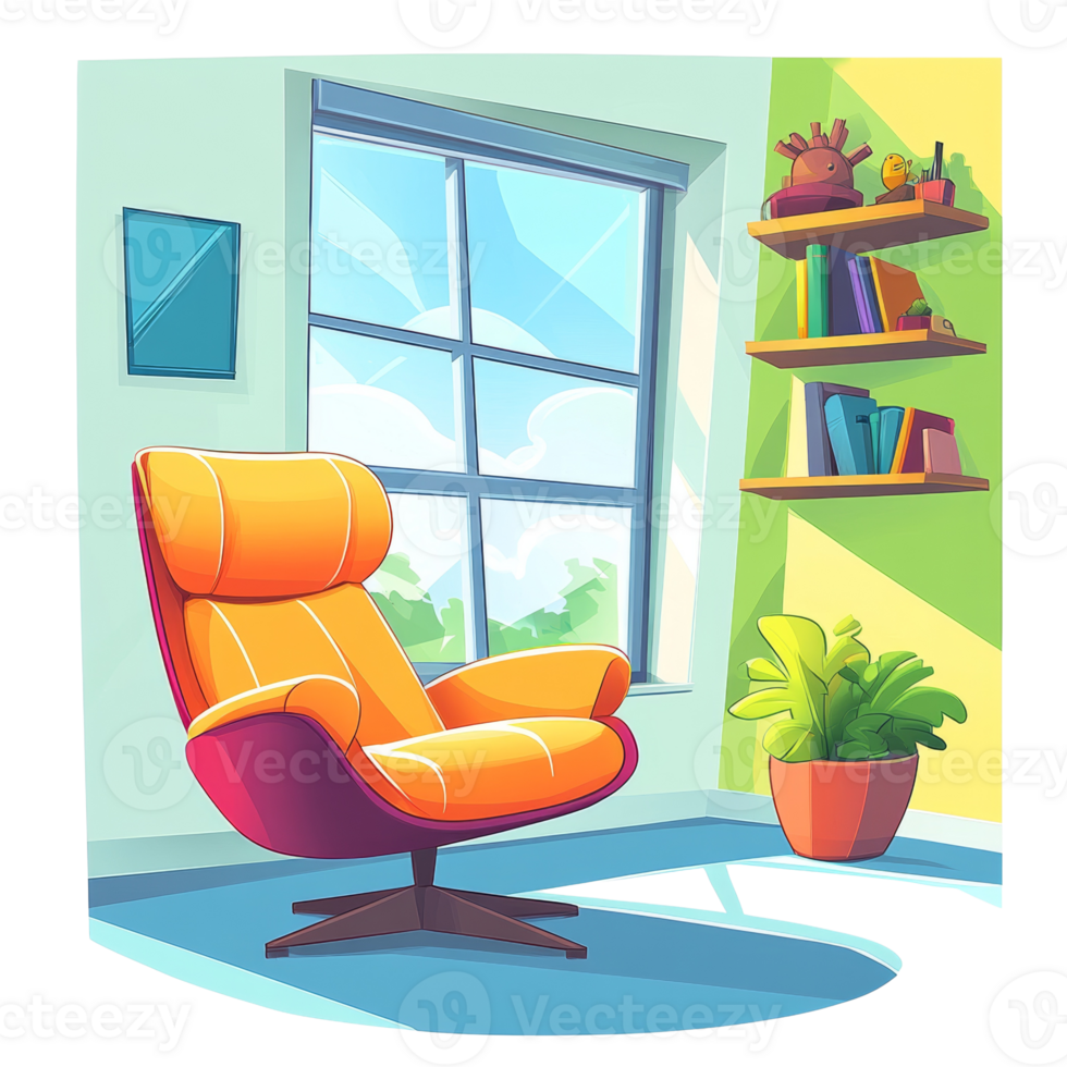 Modern Living Room with Orange Chair and Bookshelves png