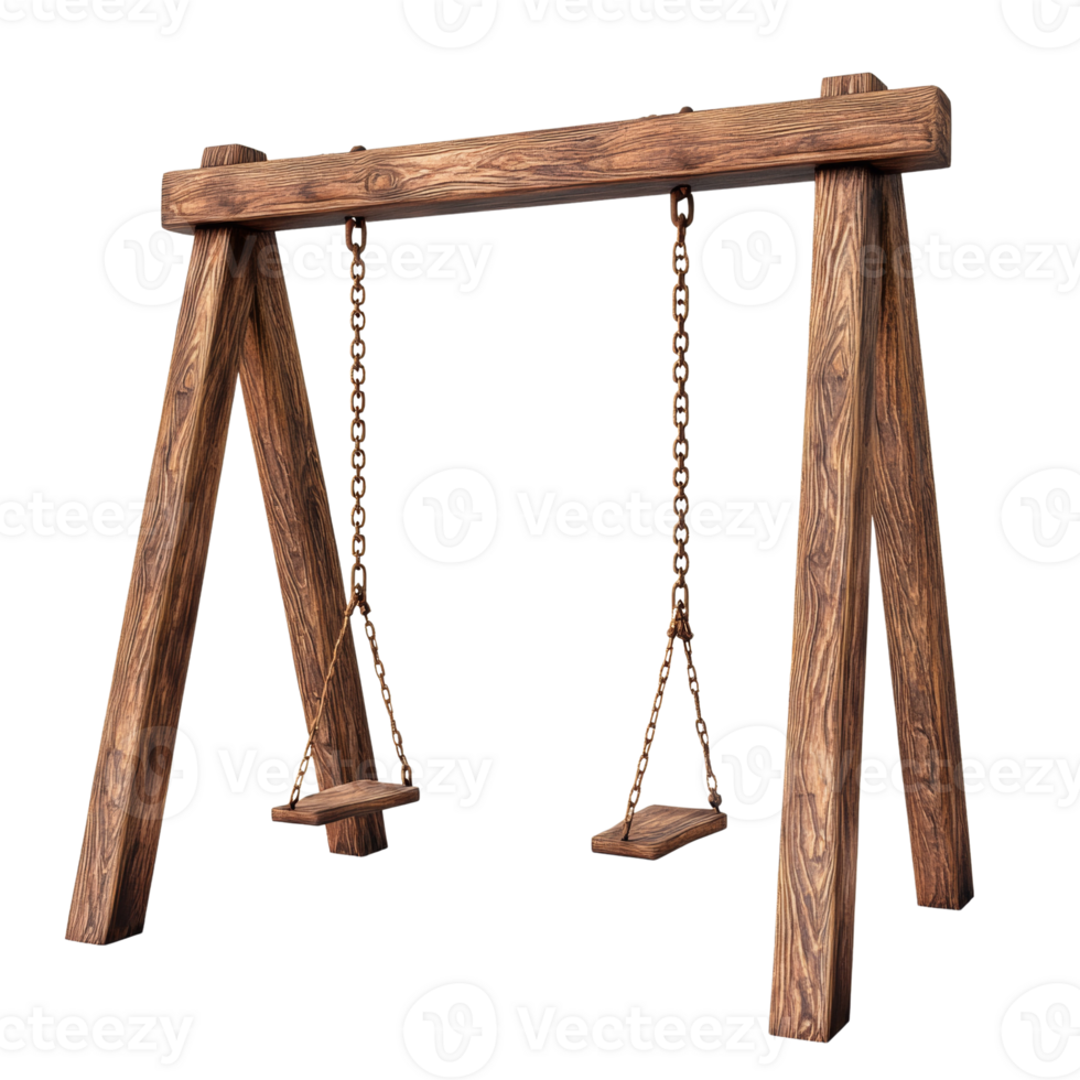 Rustic Wooden Swing Set With Chain Seats png