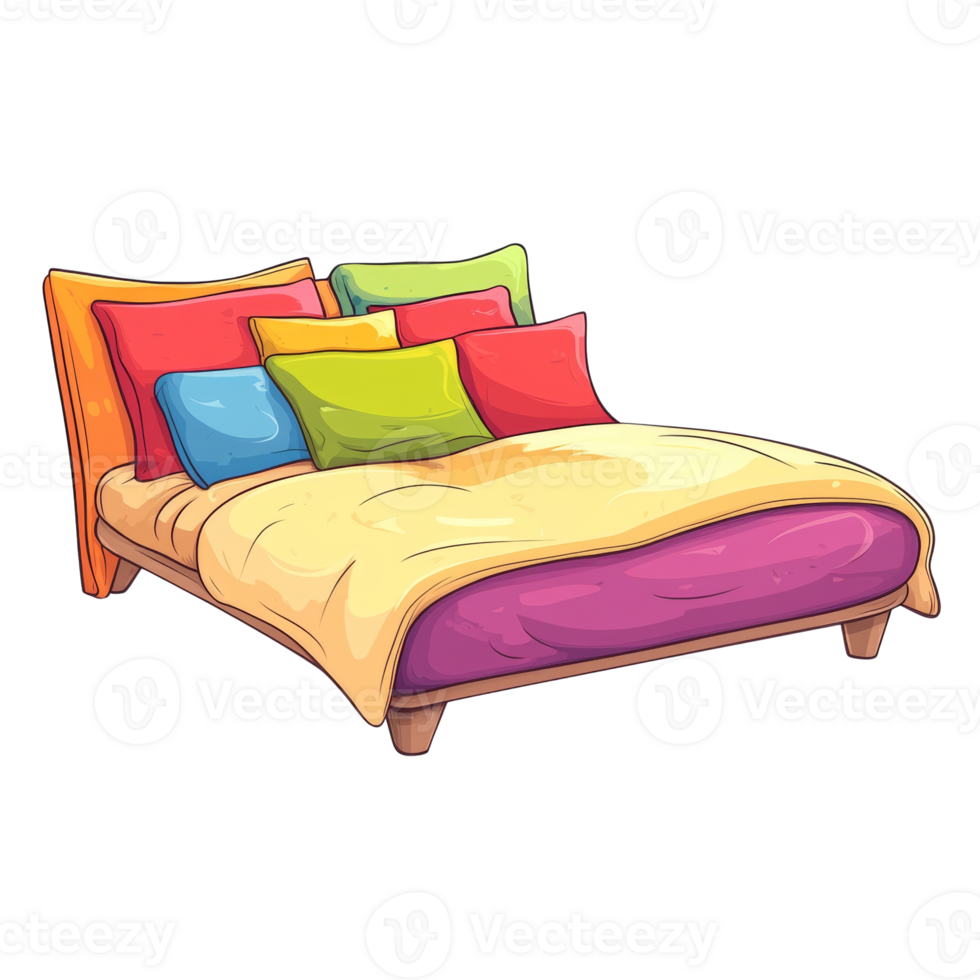 Colorful bed with multiple pillows and bedding png