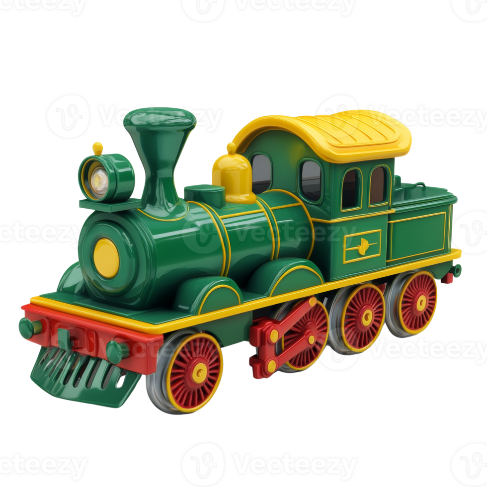 A green and yellow toy train model is shown png