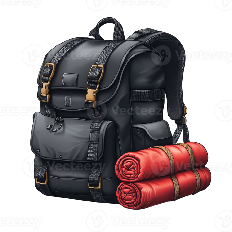 Black Backpack with Rolled Red Sleeping Bags png