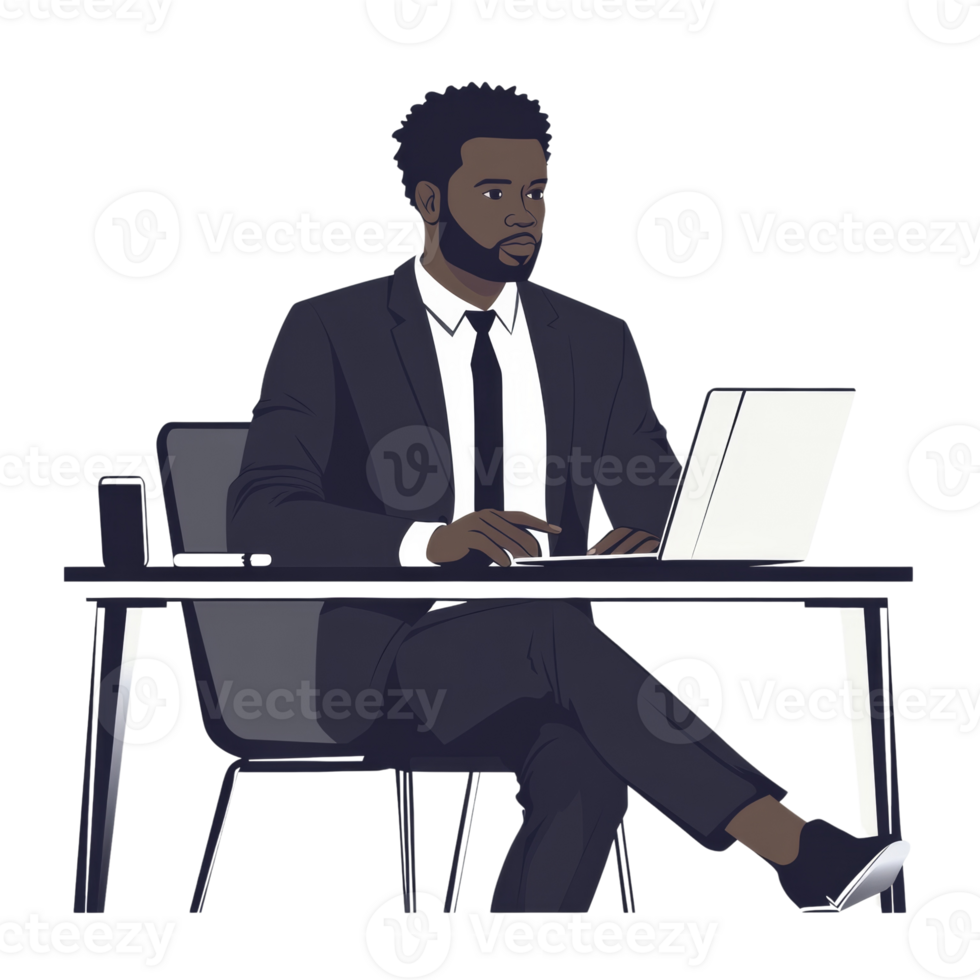 A Black Businessman Works at His Desk on a Laptop png