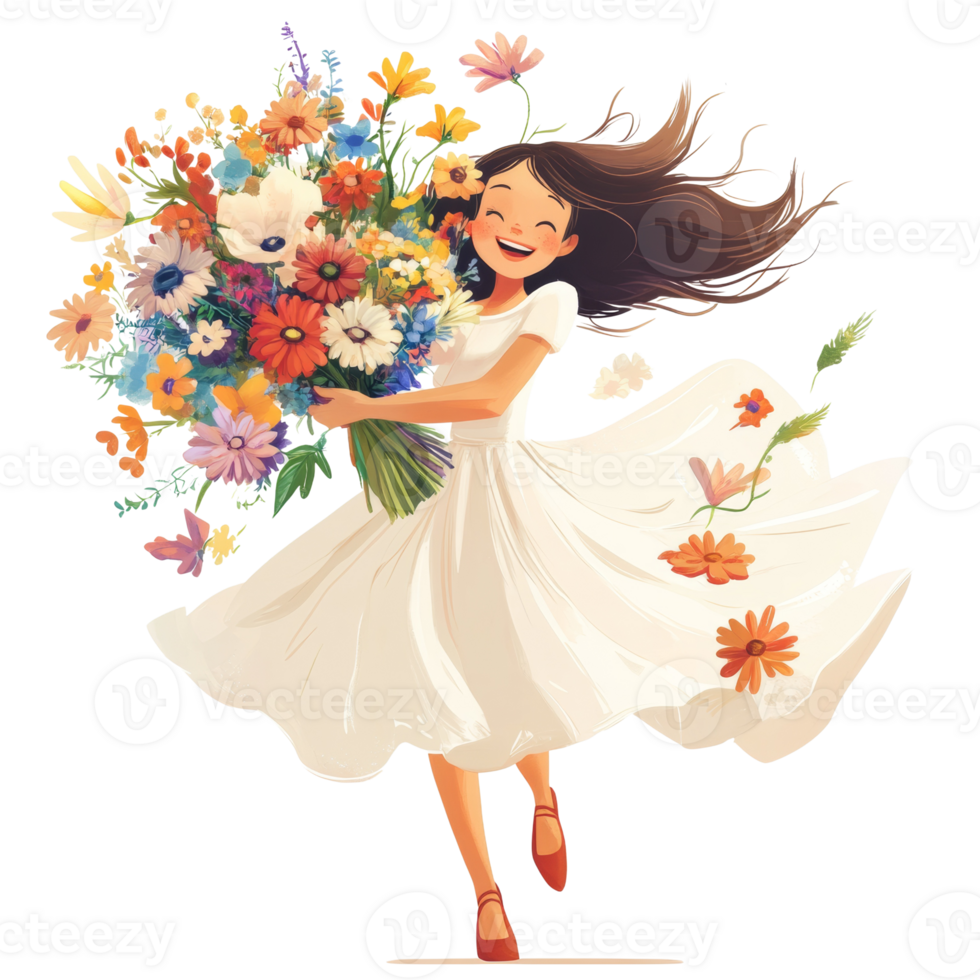 A joyful girl twirls with a vibrant floral bouquet png