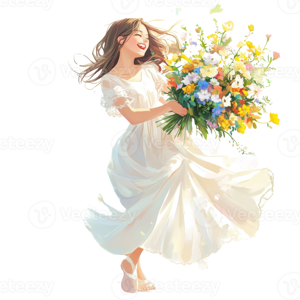 A joyful woman in a white dress carries a vibrant bouquet of flowers png