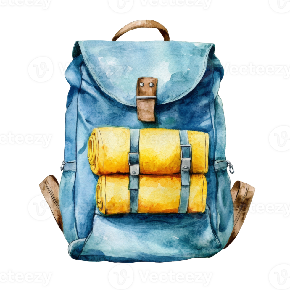 Watercolor Painting of a Blue Backpack with Yellow Towels png