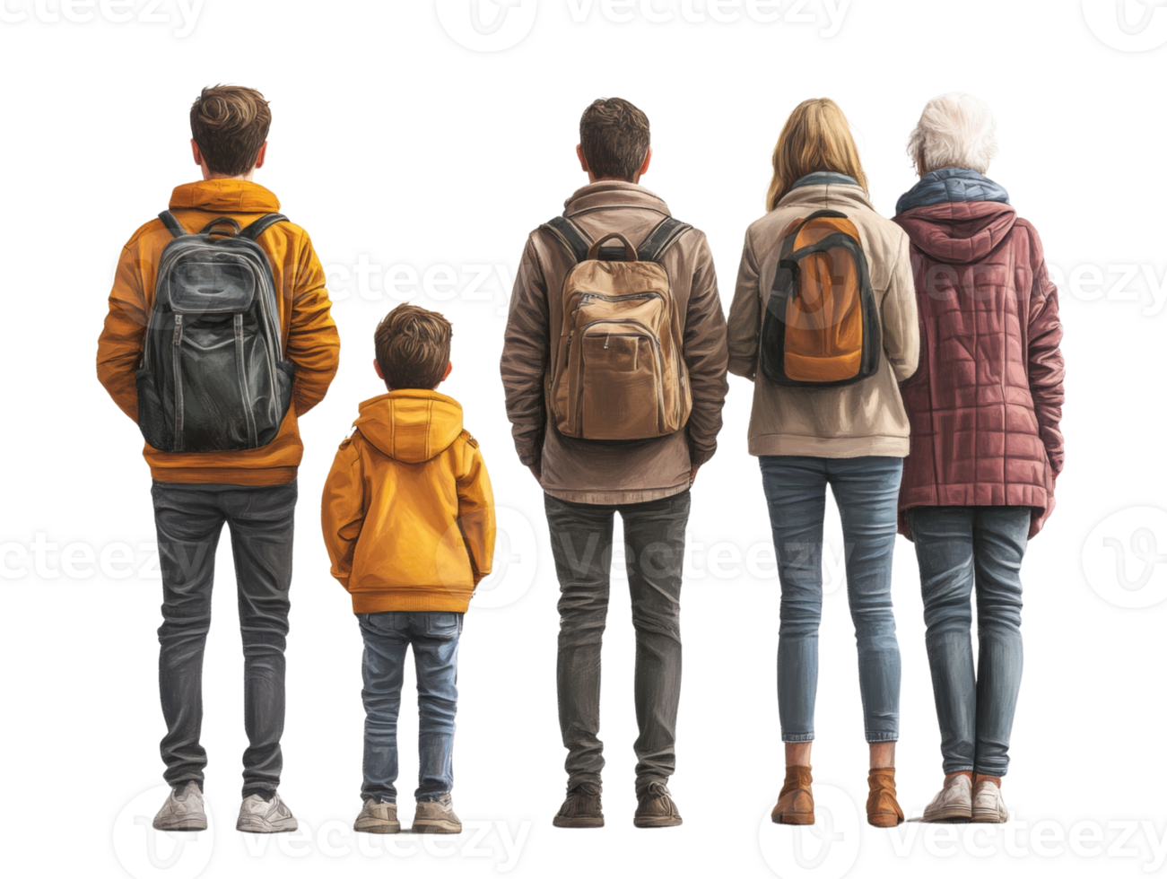 Family members stand together wearing backpacks png
