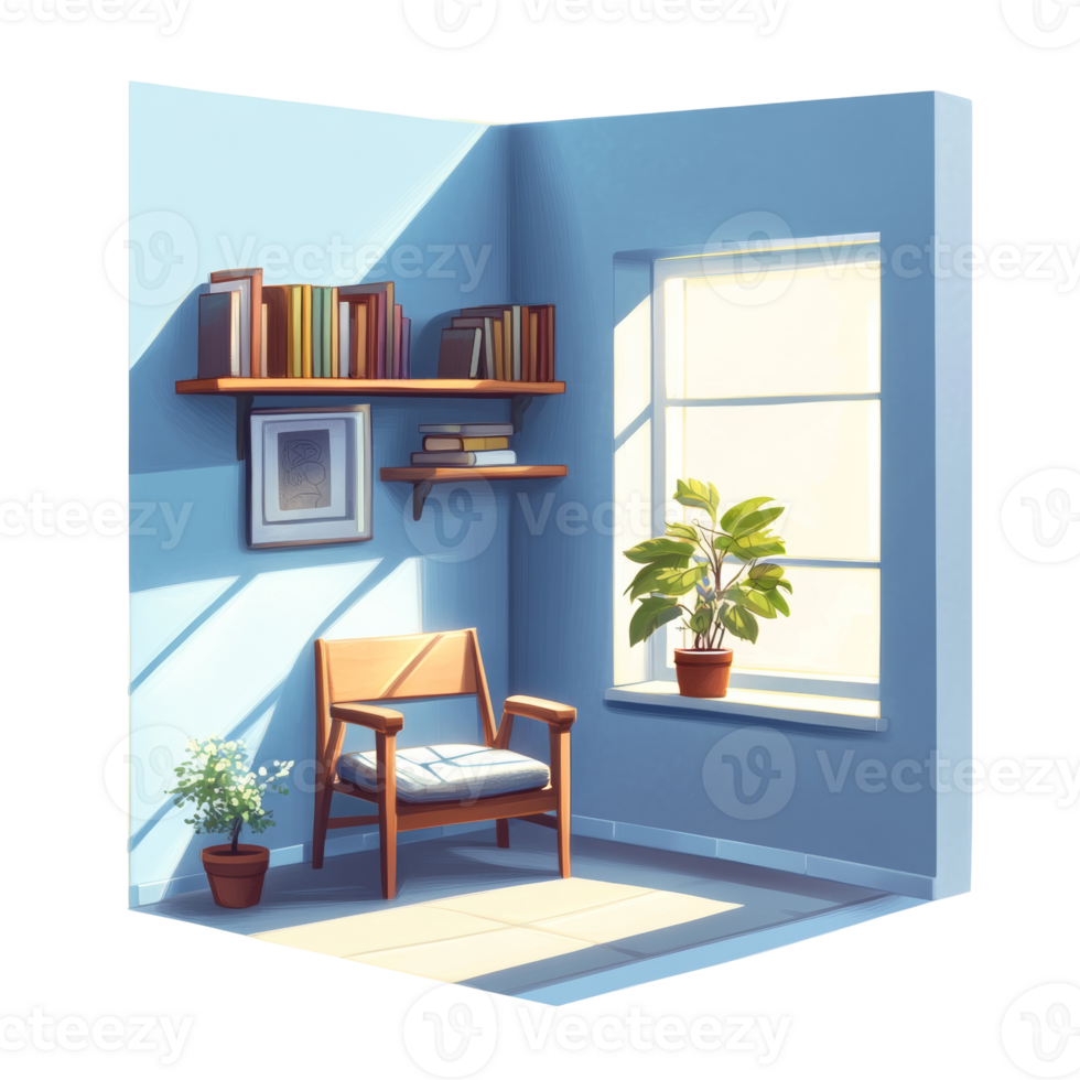 Sunny Corner Room with Chair Books and Plants png