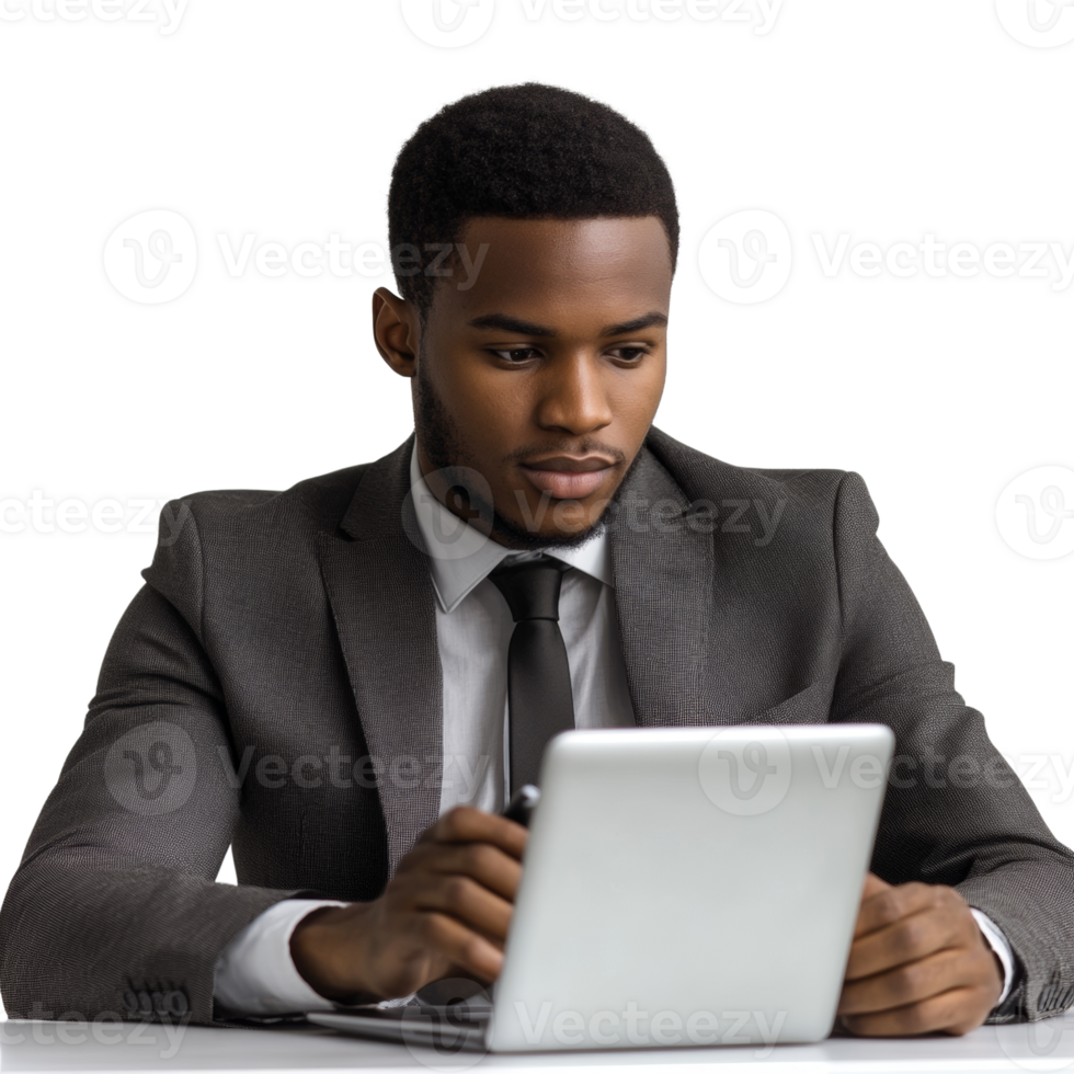 Businessman Working on Laptop Serious Expression png