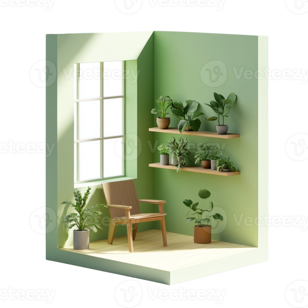 Tranquil Green Room Corner with Plants and Chair png