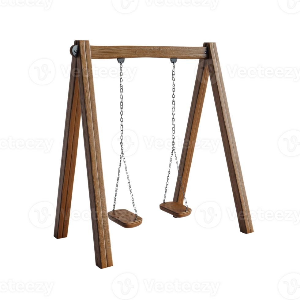 Wooden Swing Set with Two Seats Hanging from Chains. isolated png