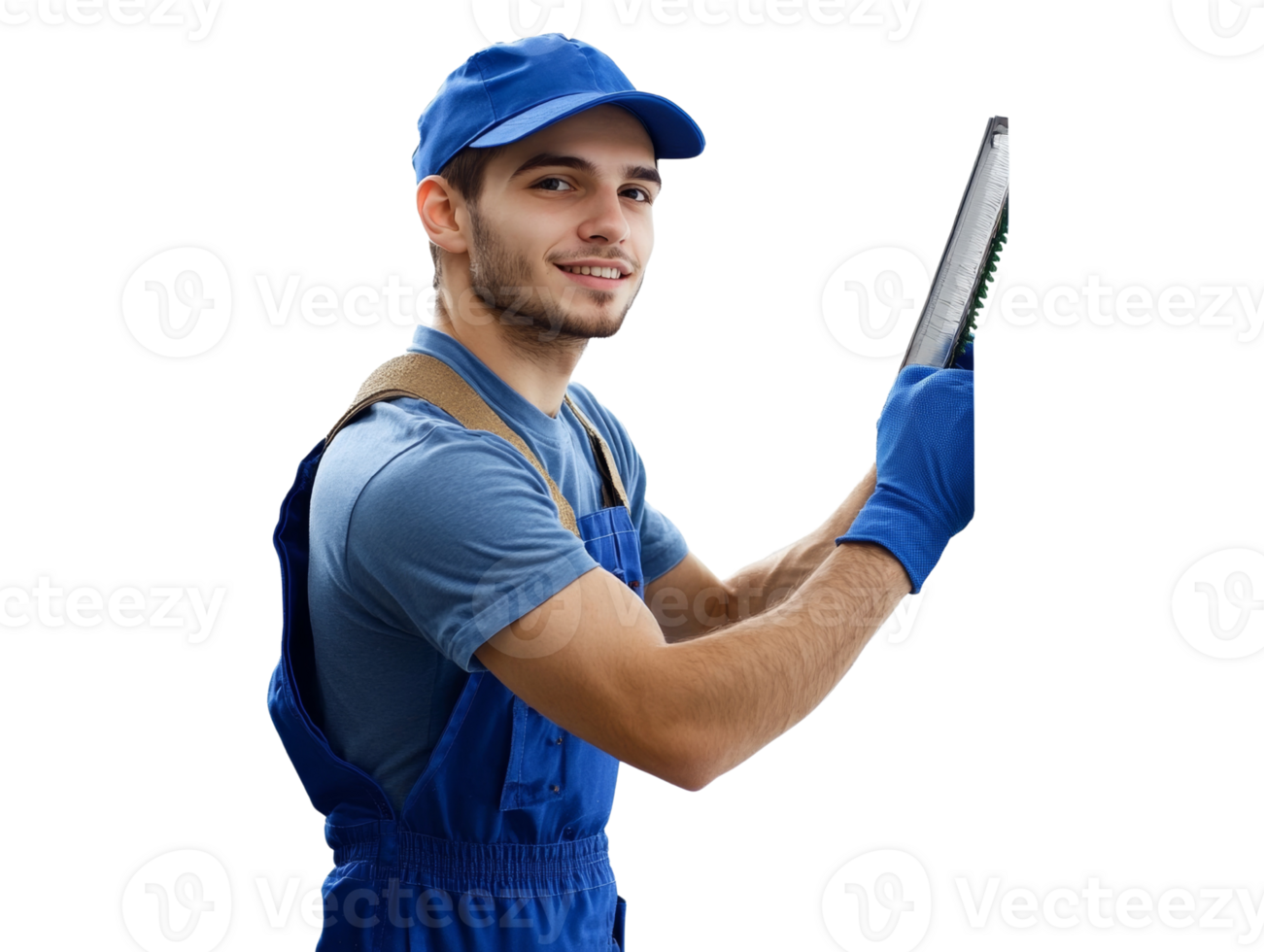 A happy young worker cleans a window pane png