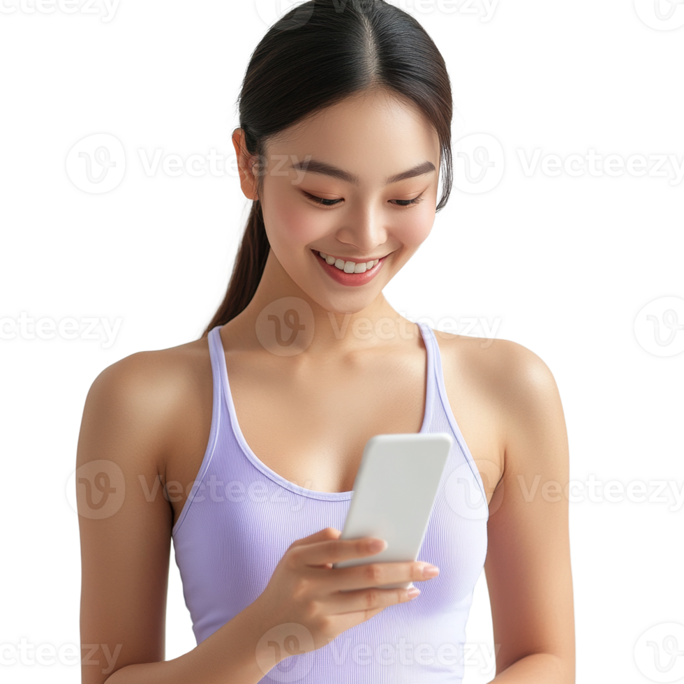 Young Woman Smiling While Using Her Smartphone. cut out png