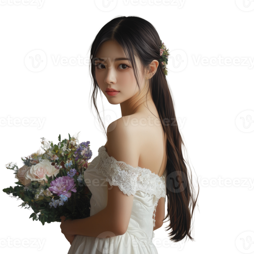Beautiful Woman in White Dress Holds Flowers png