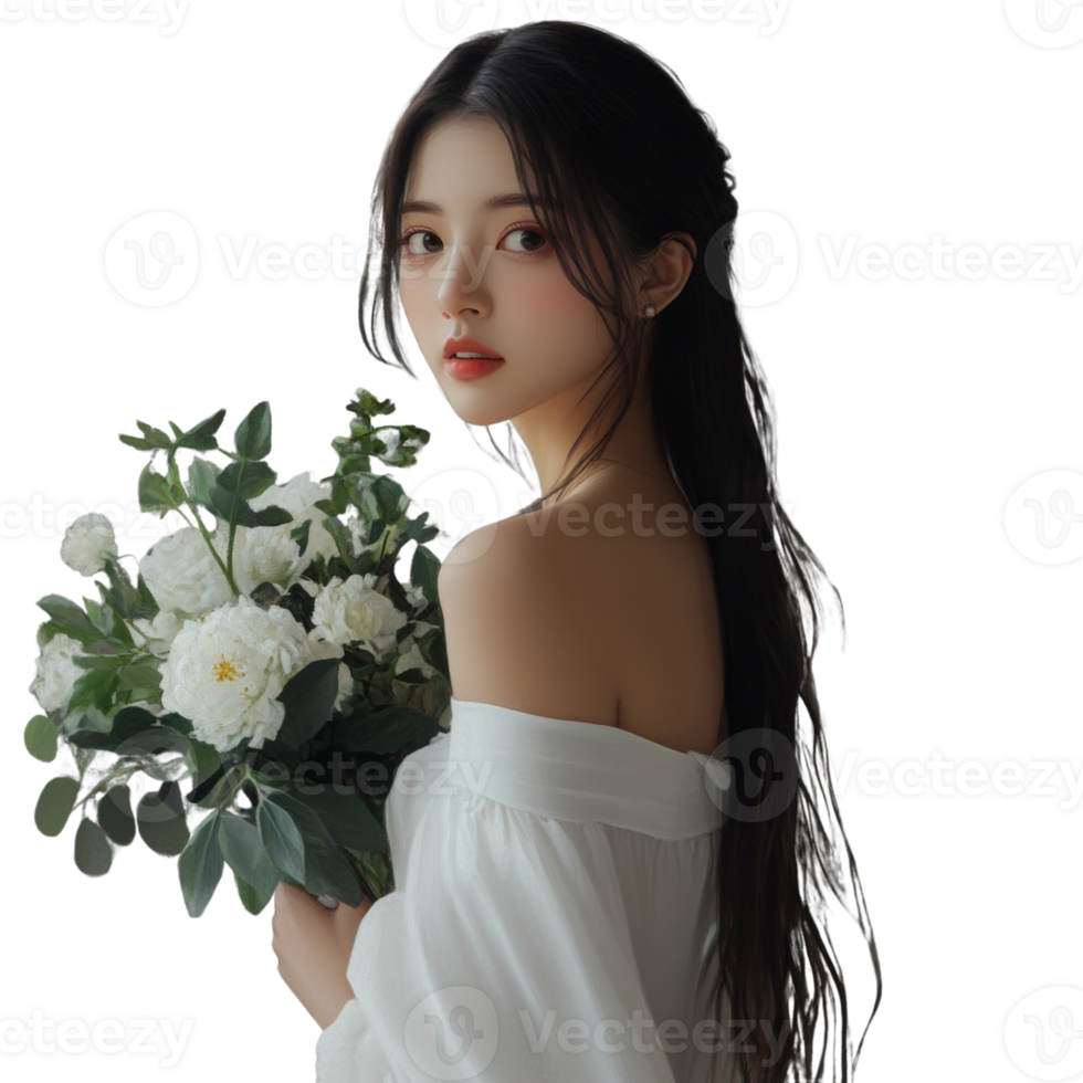 Elegant Woman Posing With White Flowers And Long Hair png