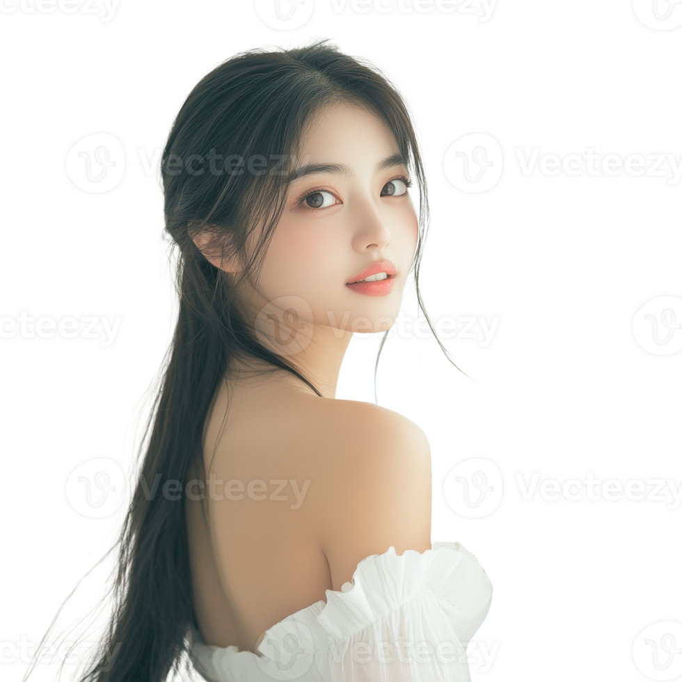 Young Woman with Long Dark Hair in White Off Shoulder Top png