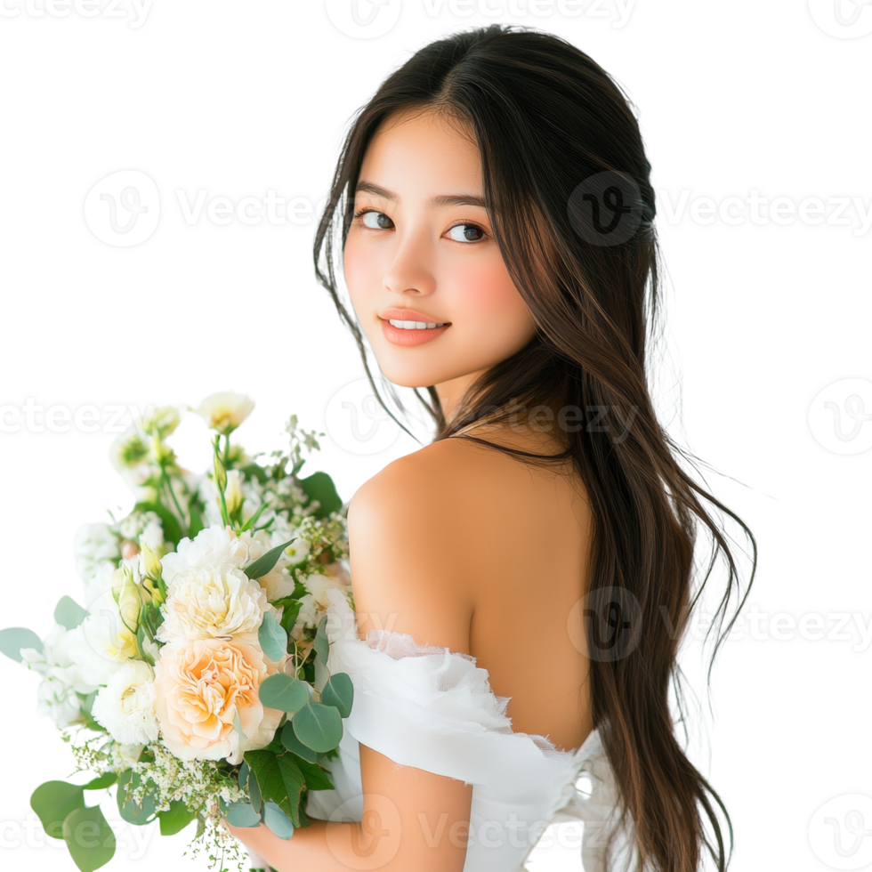 Beautiful Bride Posing with a Bouquet of Flowers png
