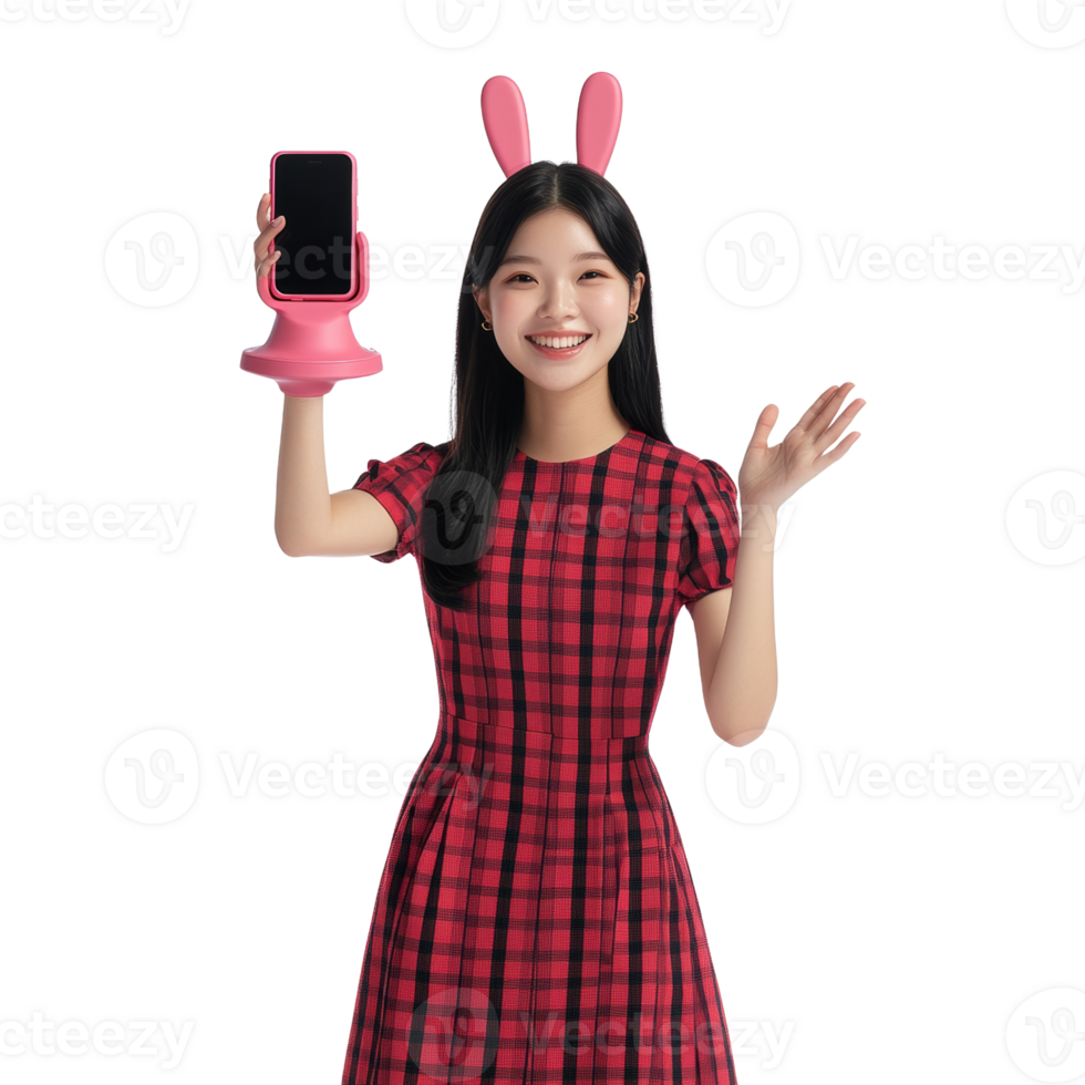 Happy Young Woman Shows Pink Phone Stand png