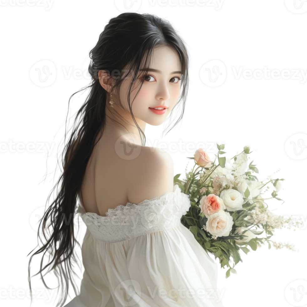 Elegant Woman in White Dress Holding Flowers png