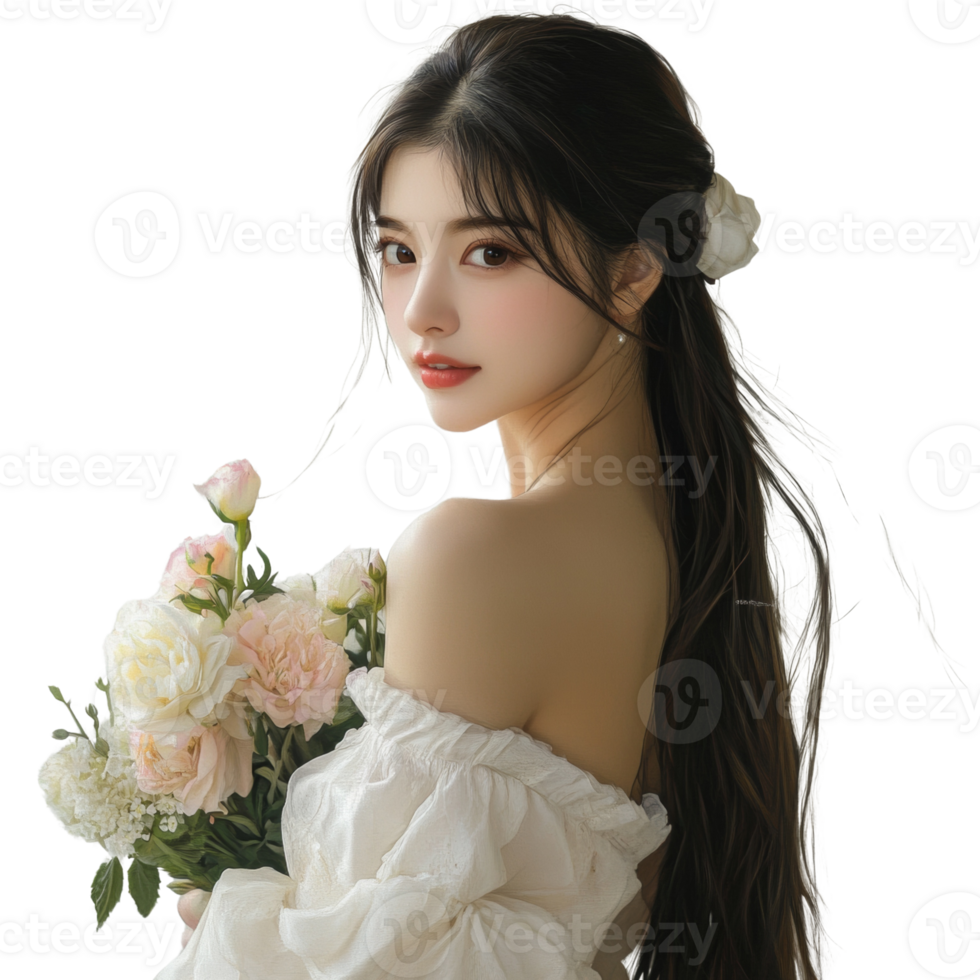 Elegant Woman Posing with Flowers in Off Shoulder Dress png