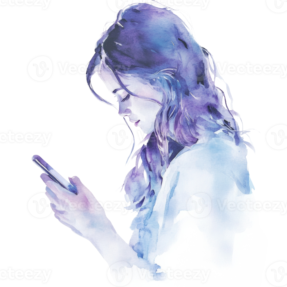 Woman with Purple Hair Using a Smartphone png