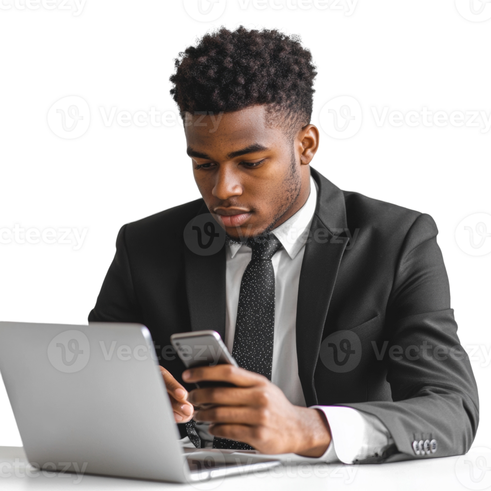 Businessman Using Laptop and Smartphone at Desk png