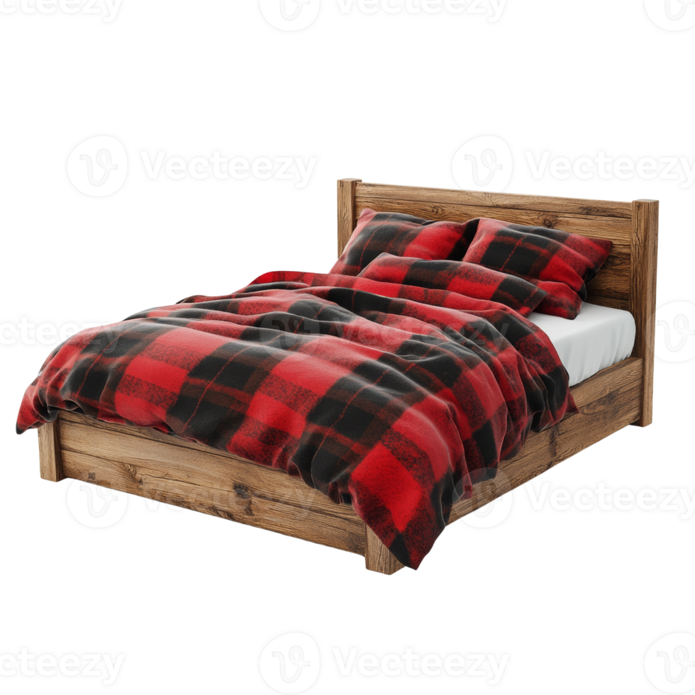 Wooden Bed with Red and Black Plaid Bedding. cut out png