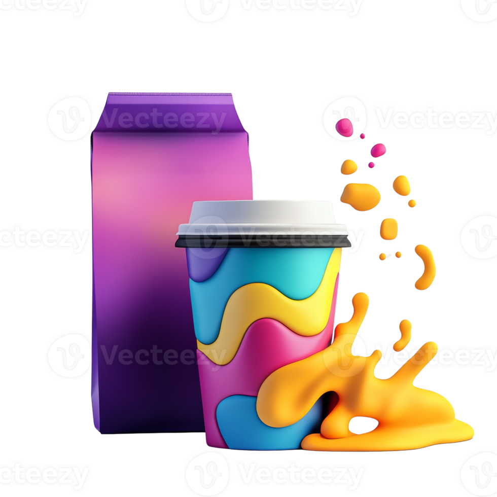 Colorful Coffee Cup with Package and Spilled Liquid png
