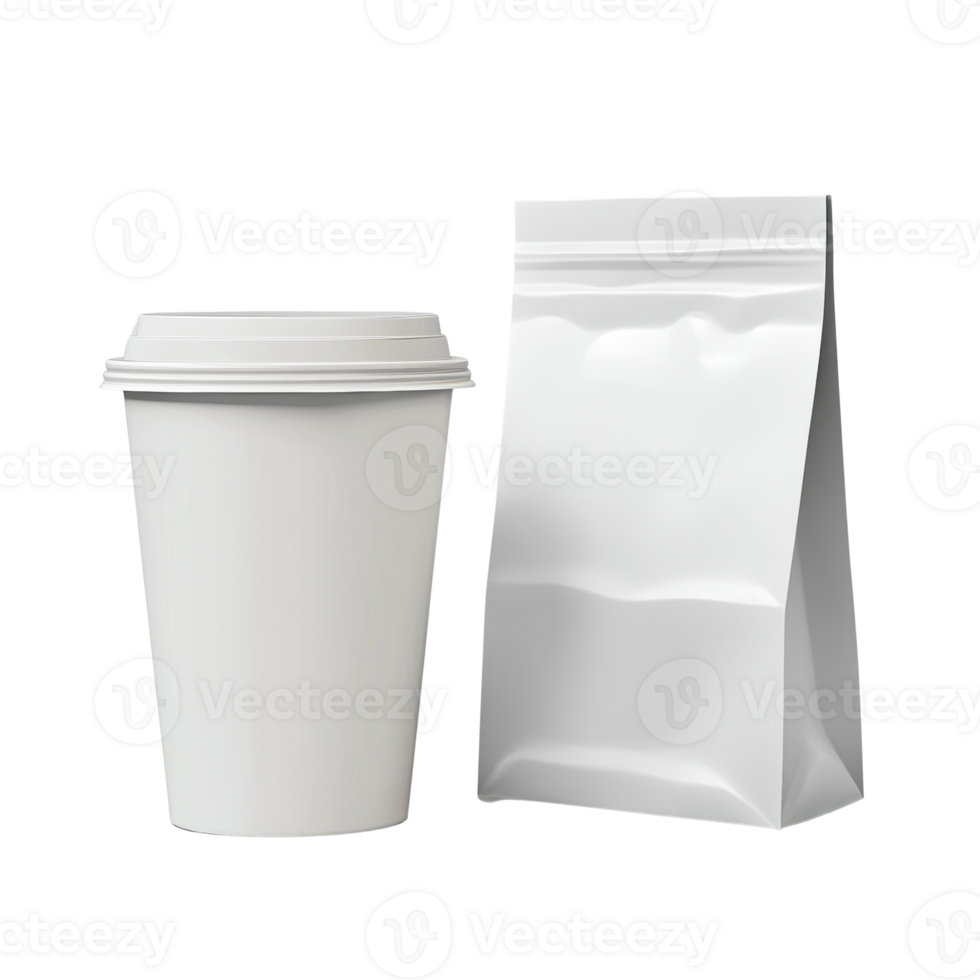 White disposable cup and stand up pouch mockup png