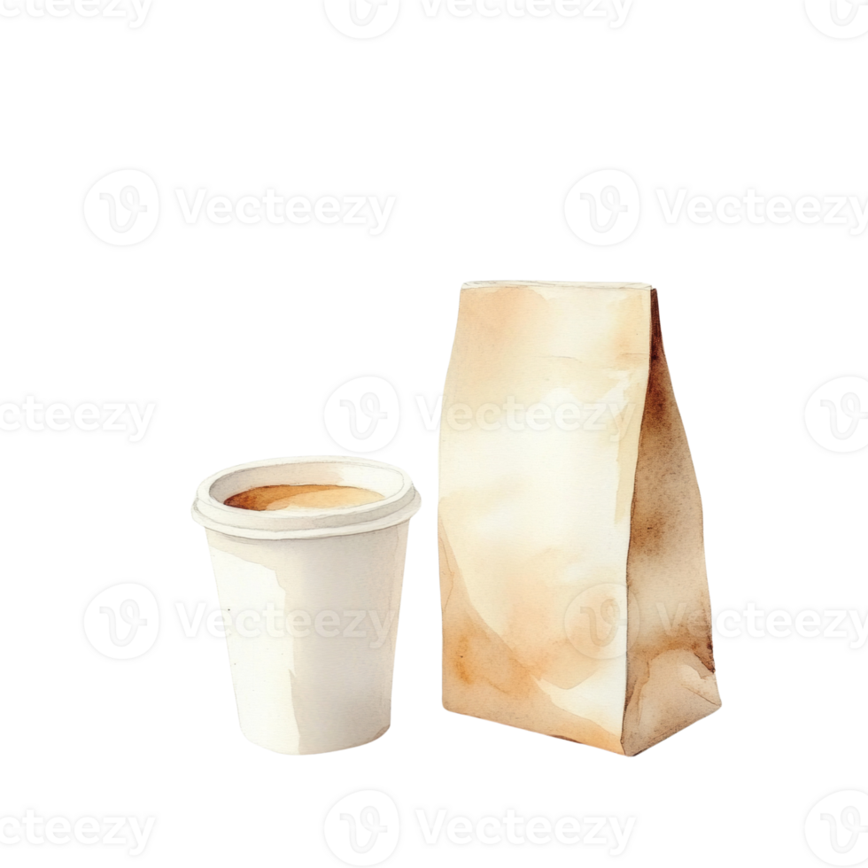 Watercolor painting of coffee and a paper bag. isolated trabsoarent background png