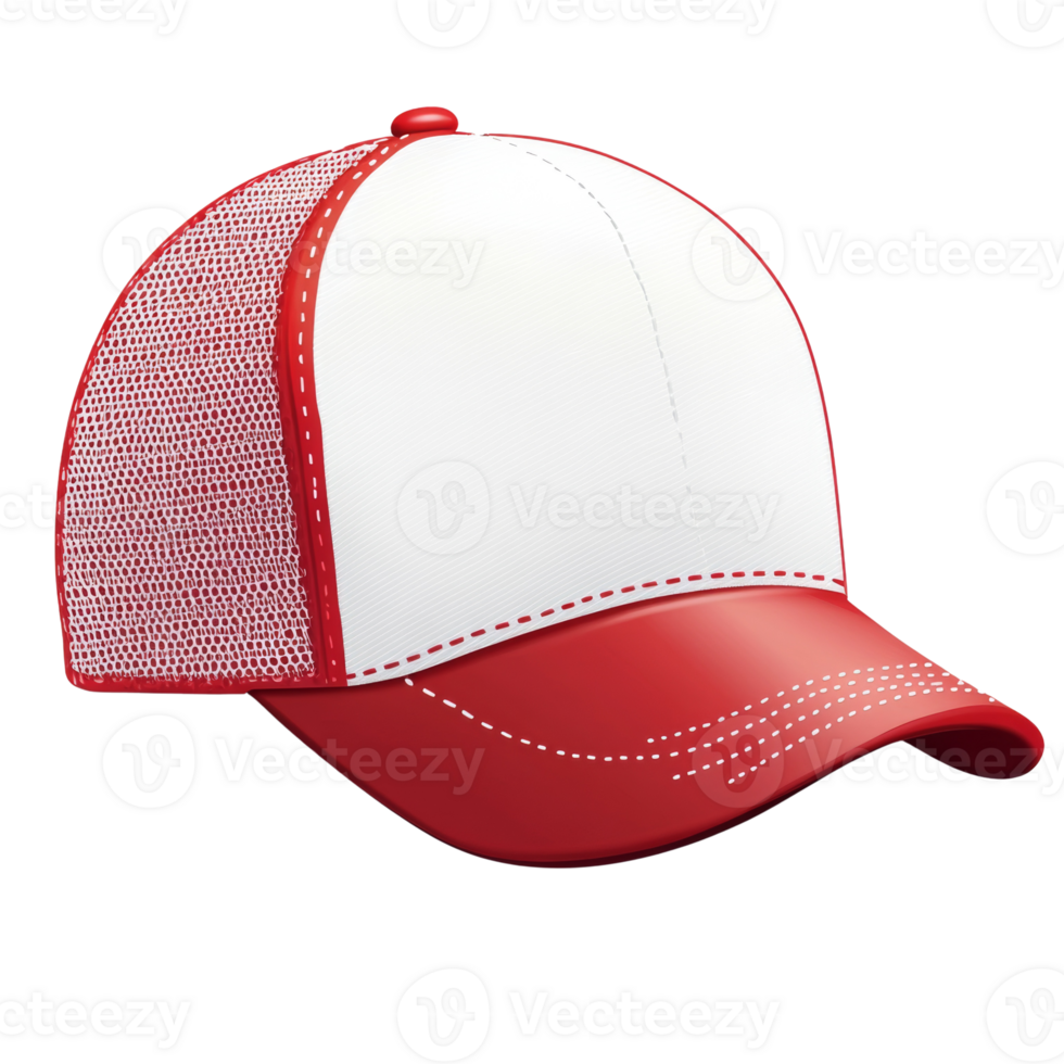 Red and white mesh back baseball cap design. cut out png