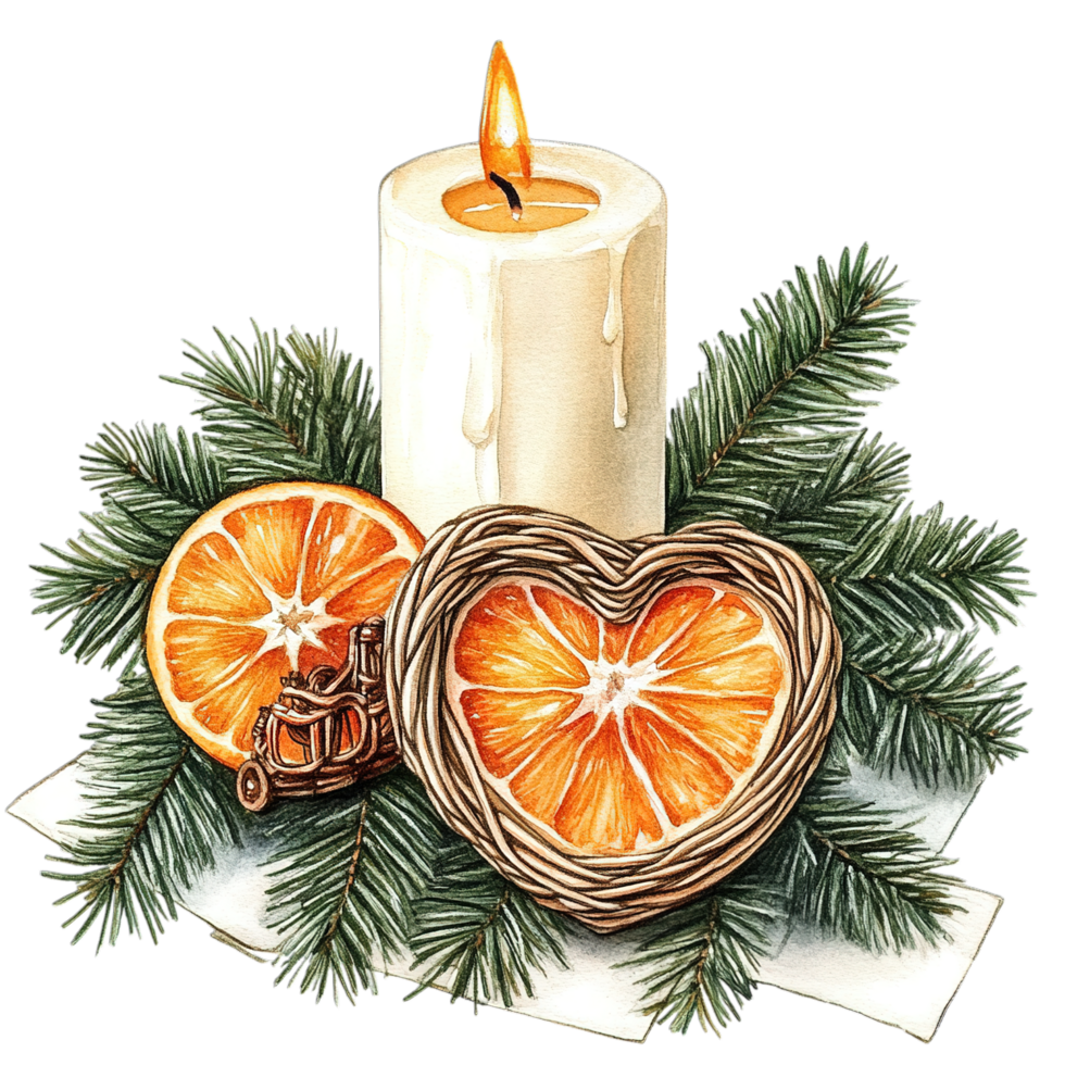 Winter Candlelight Scene with Oranges and Pine fir new joy cozy warm png
