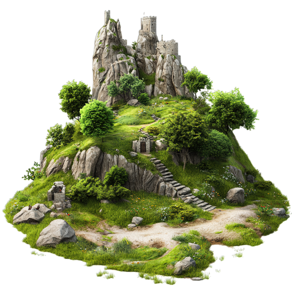 Majestic Mountaintop Castle Scenic Landscape View 3d art path game png
