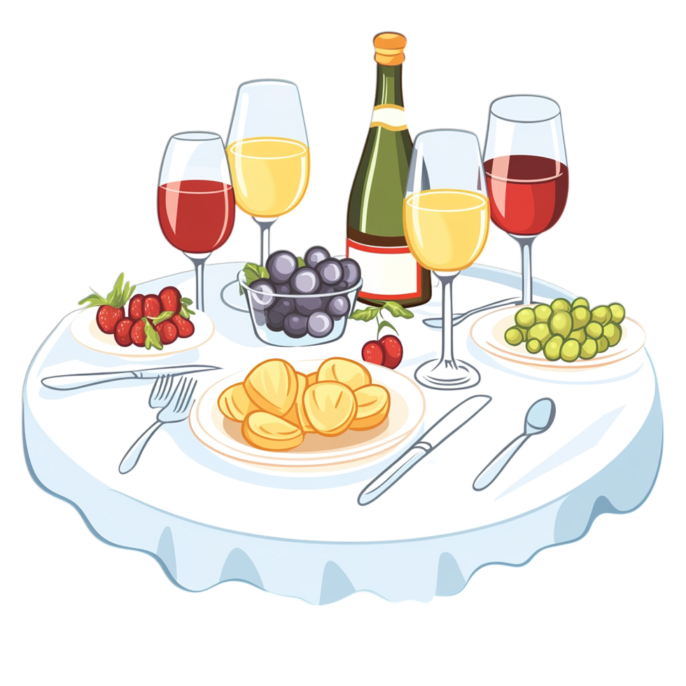 Elegant Dinner Table Setting with Wine and Fruit red food meal drink png