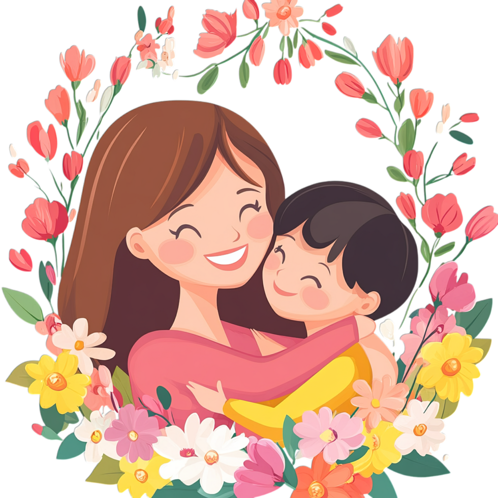 Happy Mother Child Hug Floral Embrace Love joy son mom kid art red day png