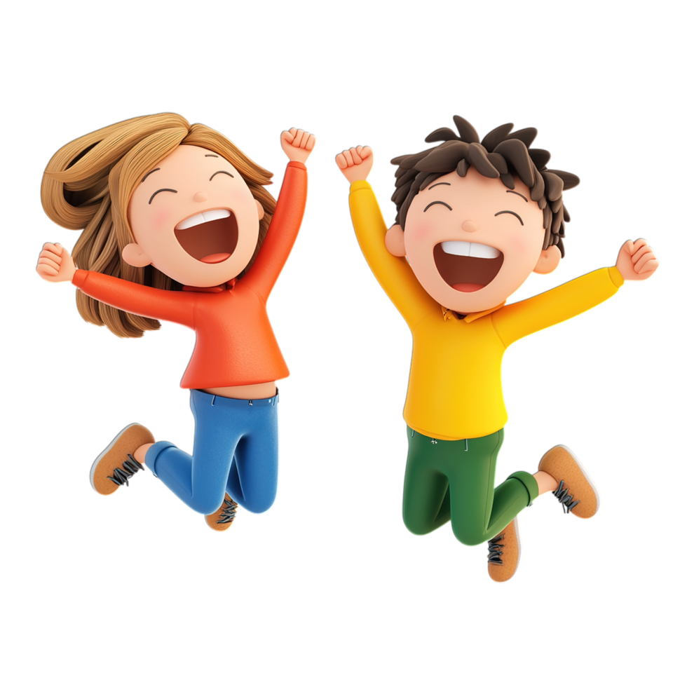 Happy Children Jumping Joyful Fun Cartoon Kids 3d boy red girl blue png