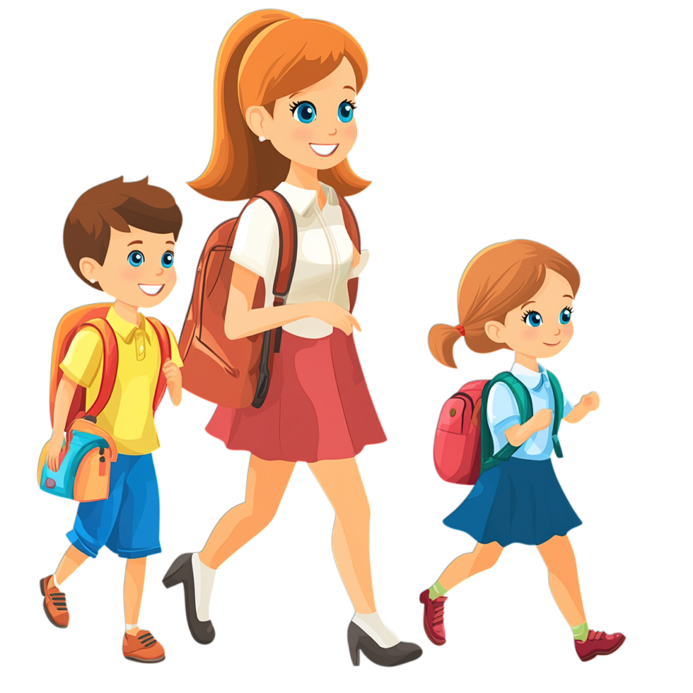 Happy Family Walking to School Kids Backpacks boy fun red girl cute png