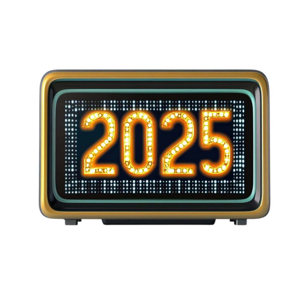 Glowing 2025 New Year Sign Digital Design led bulb gold date time png