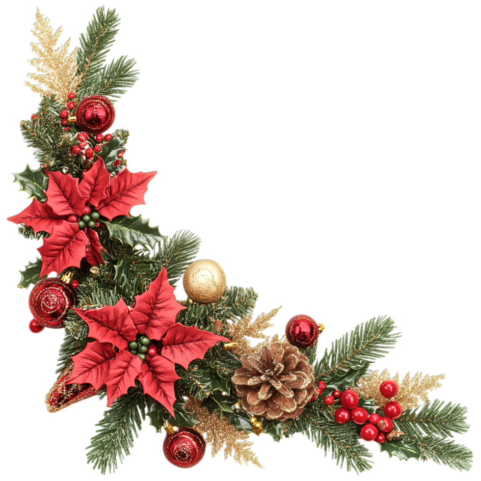 Festive Christmas Corner Border Design Red Gold fir pine cone card png