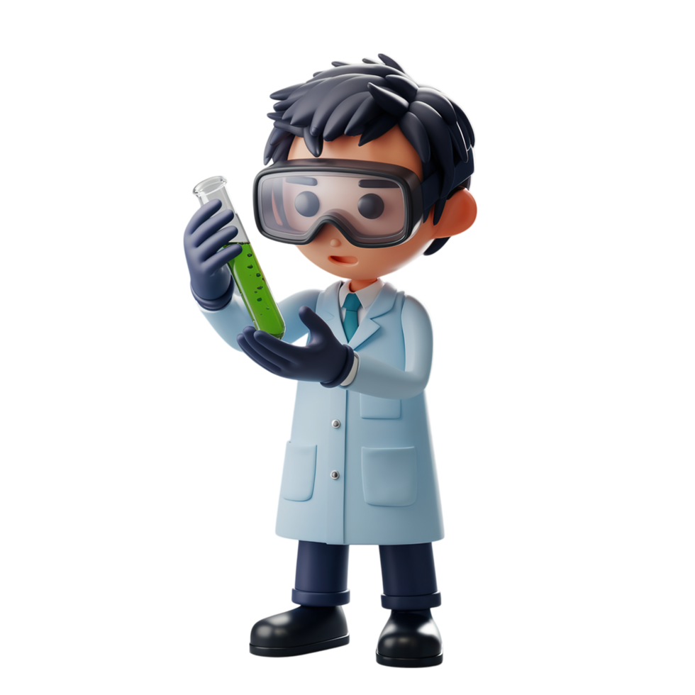 Cute Cartoon Scientist Studying Green Liquid Sample 3d lab fun test tube coat png